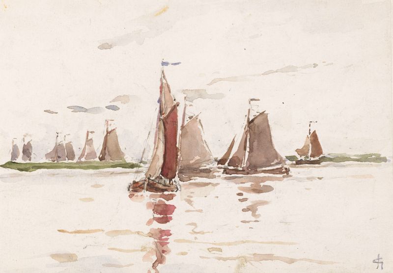 Vissersschepen op een rivier, oil on canvas by Carel Nicolaas Storm van 's-Gravesande, depicting boats on a calm river.