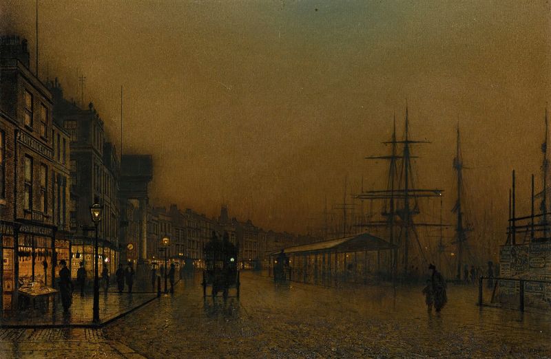 Cena de gênero de Glasgow com lâmpadas a gás e ruas de paralelepípedos, pintura a óleo de John Atkinson Grimshaw