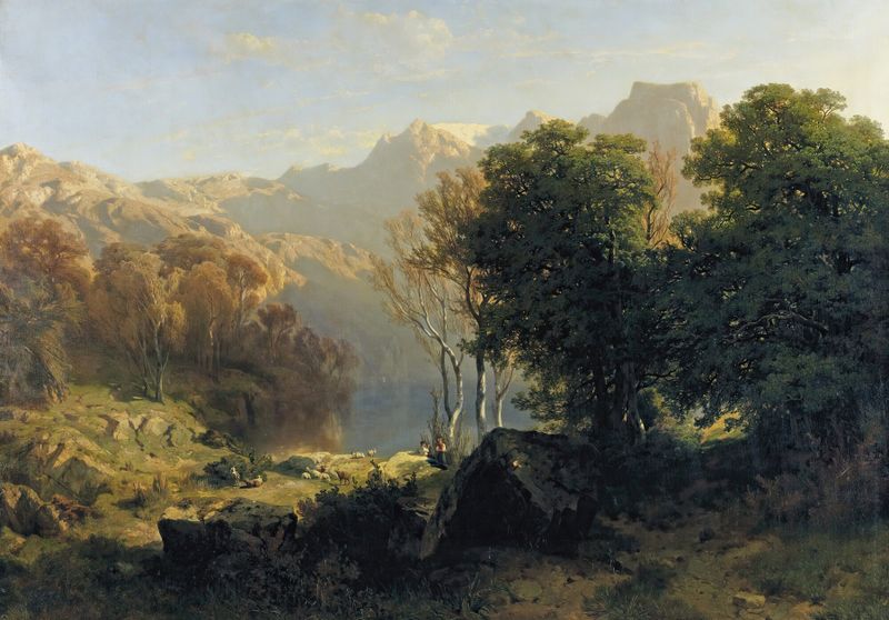 Lago Lucerna de Alexandre Calame, óleo sobre tela, paisagem serena com lago e montanhas