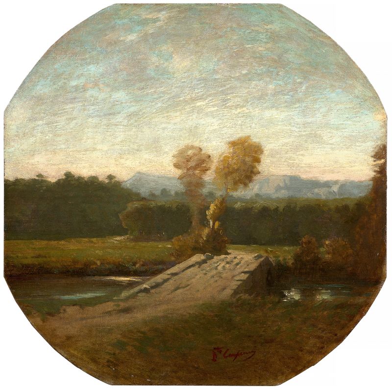Landscape with a bridge and river, oil painting by Jean-Baptiste Carpeaux
