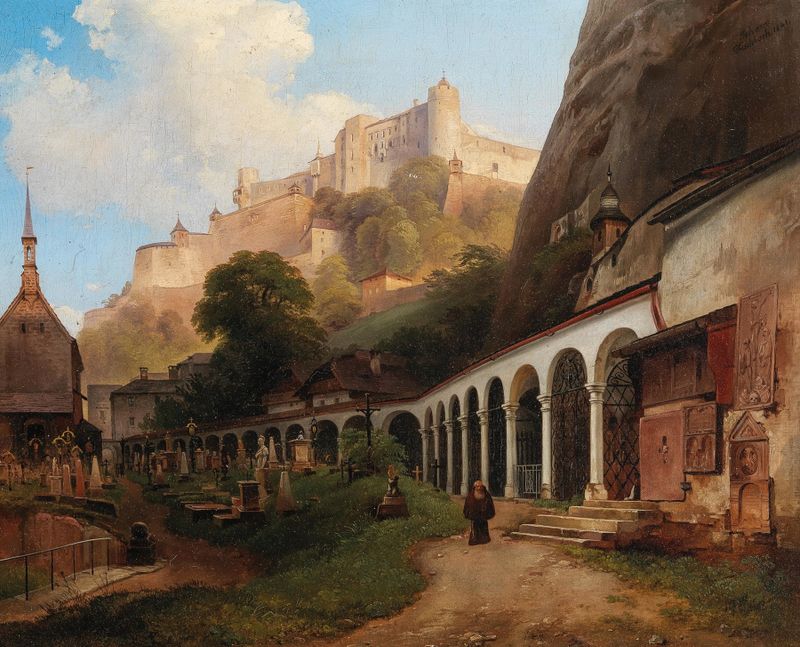 Salzburg, a View of St. Peter’s Cemetery, oil on canvas by Johann Fischbach