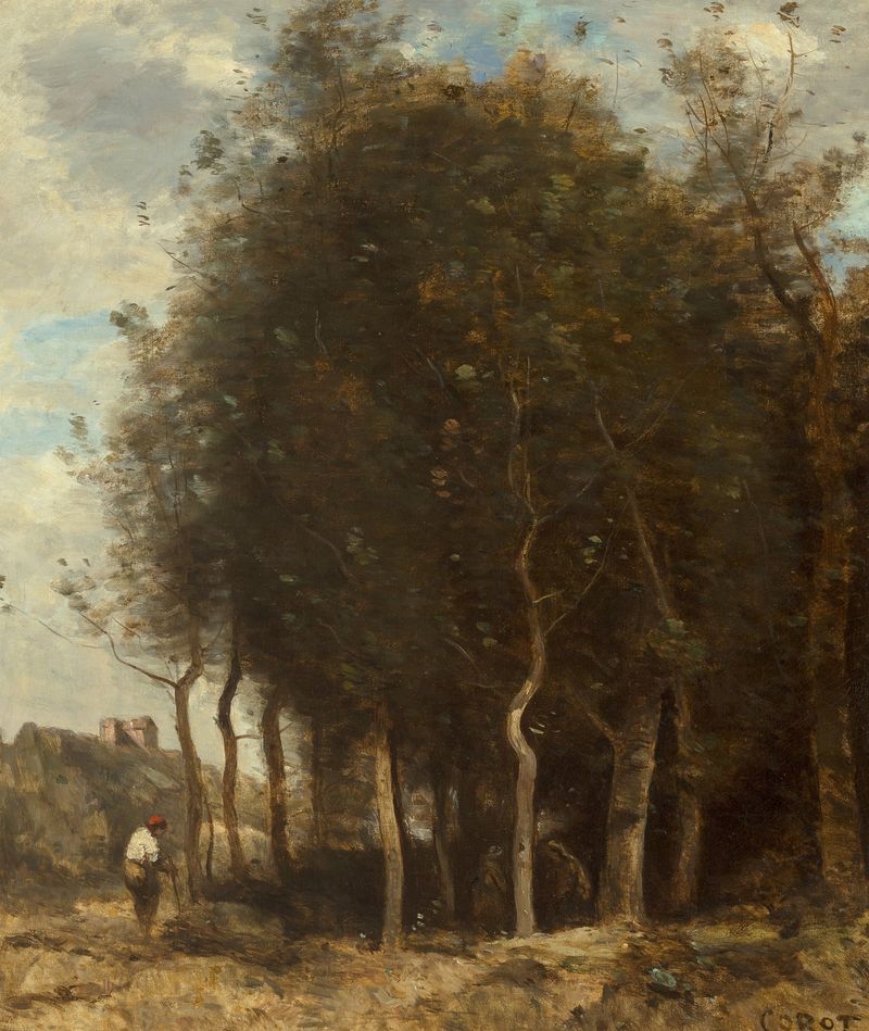 Lisière de bois de Jean-Baptiste-Camille Corot, óleo sobre tela representando uma paisagem florestal tranquila.
