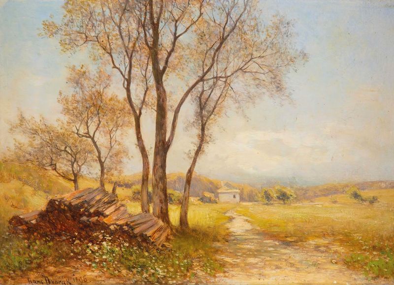Paisaje con colinas onduladas y juego de luz, pintura al óleo de Hans Dvořàk