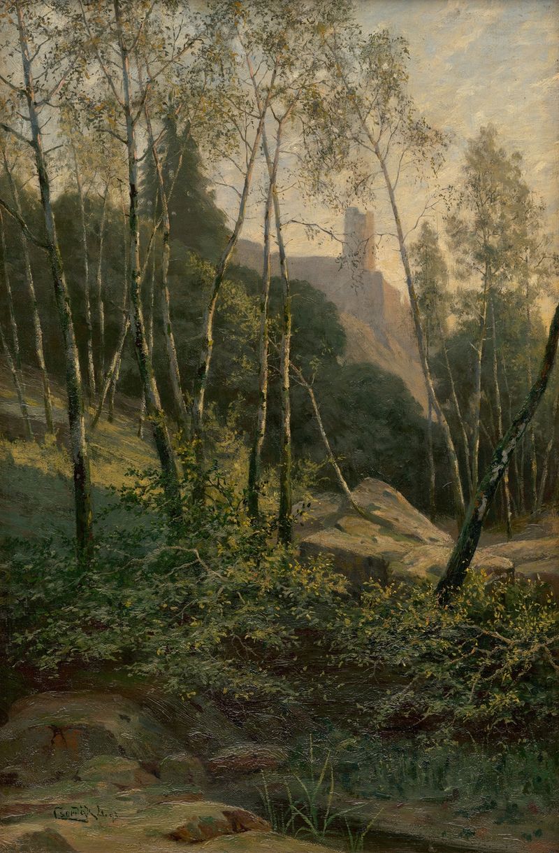 Slanec Castle de Ľudovít Čordák, óleo sobre tela, apresenta pedra antiga e um céu ao entardecer.