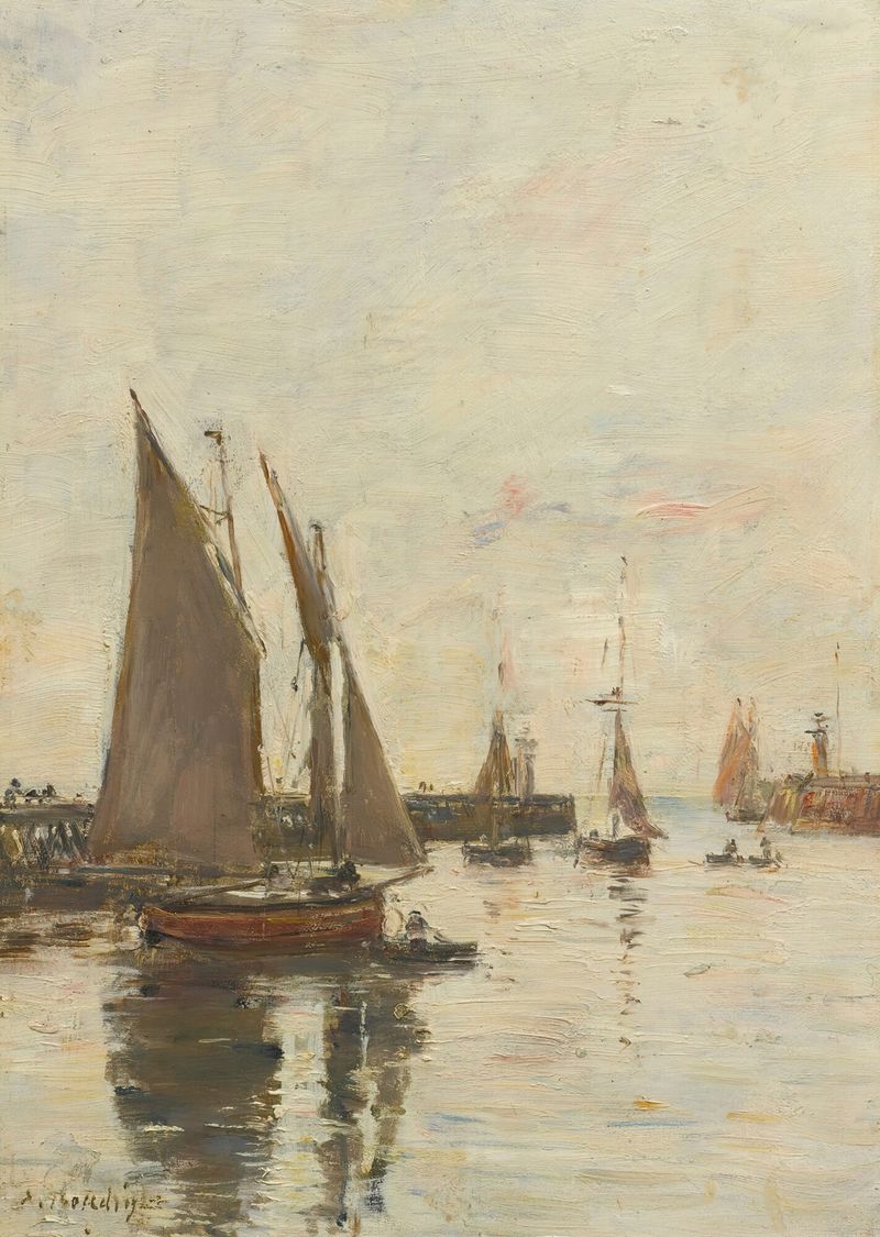 Cena marinha com ondas quebrando e jetty de Eugène Boudin, pintura a óleo