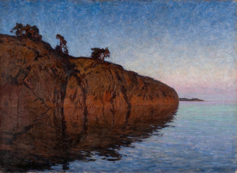 Figurative work by Gottfrid Kallstenius, depicting silhouettes in twilight, soft blues and earth tones.
