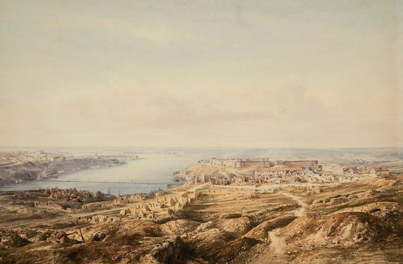 Oil on canvas by Gaspard Gobaut depicting a harbor with ships under a blue sky.
