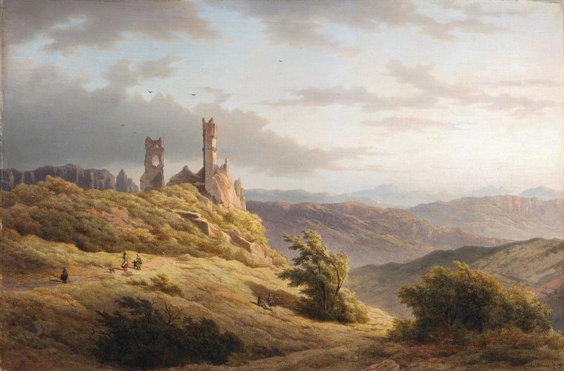 Mountainous landscape with ruins, oil painting by Louwrens Hanedoes