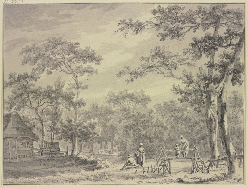 Landscape by Paulus van Liender featuring a house, woman, and child, oil painting