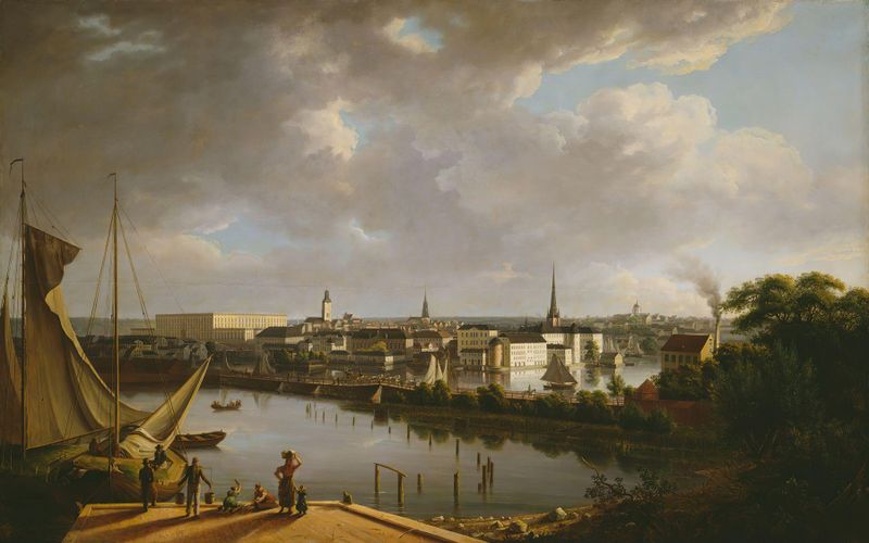 View of Stockholm de Thomas Fearnley, óleo que muestra una tranquila costa y cielo.