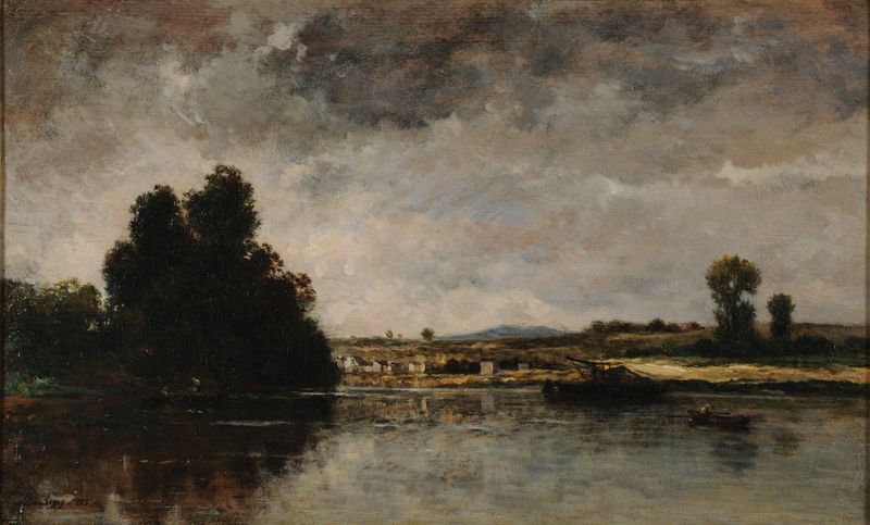 Paisagem óleo de Charles François Daubigny representando nuvens tempestuosas e água.