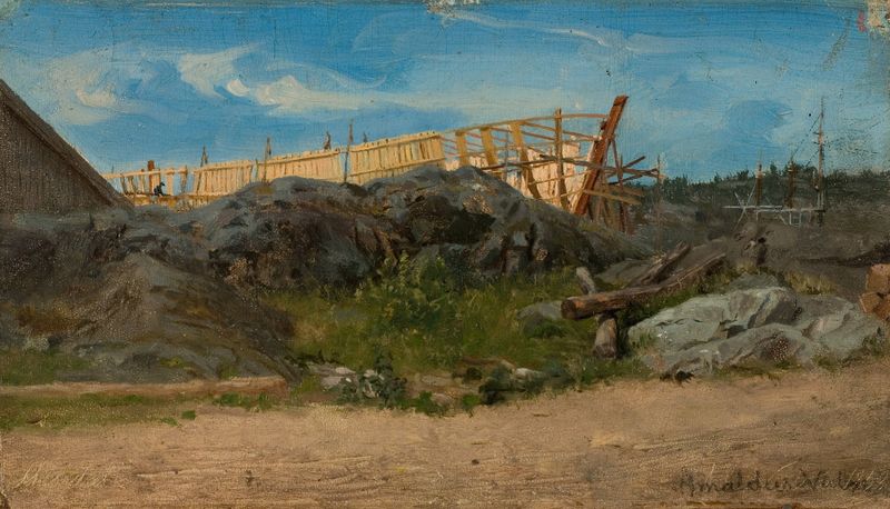 Realism oil painting depicting a boatyard scene by Amaldus Nielsen