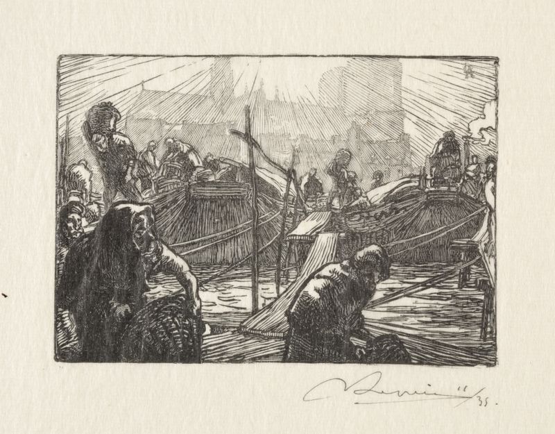Engraving by Auguste Louis Lepère depicting Notre Dame and a market scene