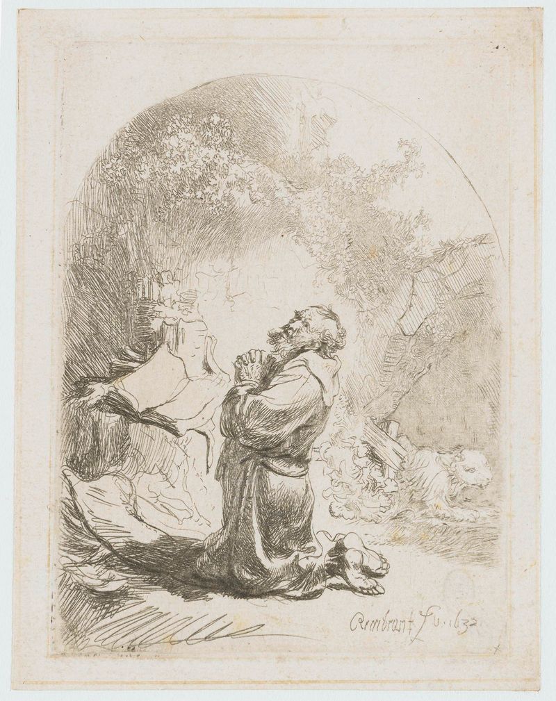 San Jerónimo orando en una aguafuerte de Rembrandt van Rijn, iluminado por luz divina.
