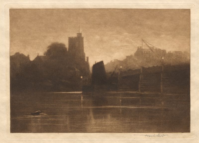 Engraving by Sir Frank Short depicting Ebb Tide at Putney Bridge with the Thames at dusk.