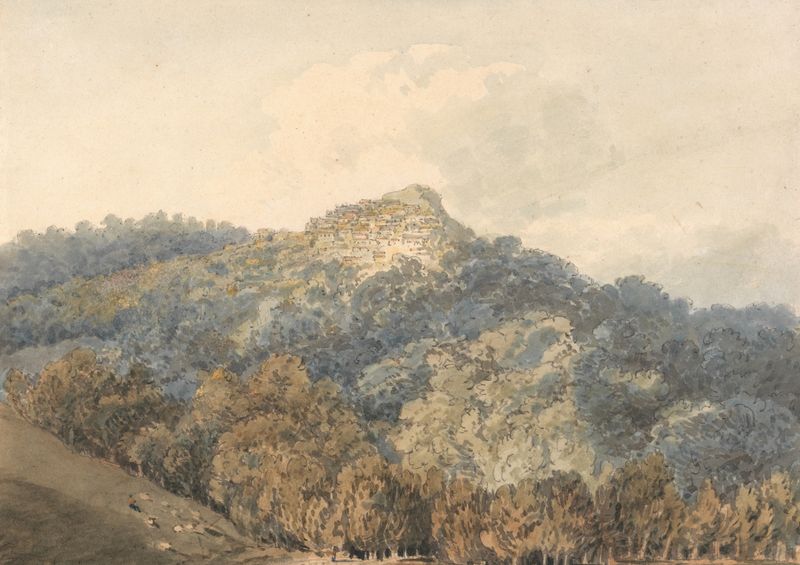 Rocca del Papa, con Monte Cavo de Thomas Girtin, acuarela sobre papel, que representa colinas y cielo azul.