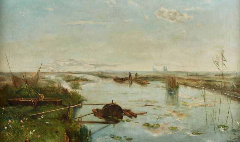 Punts on a River, oil painting by Daniel Ridgway Knight, depicting a serene river landscape.