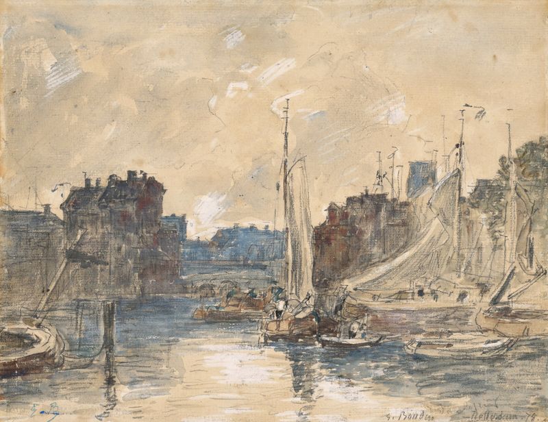 Port de Rotterdam by Eugène Boudin, oil on canvas showing fishermen and boats in a harbor