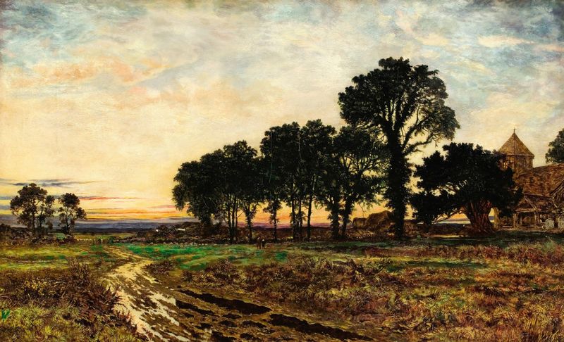 Evening After the Rain oil painting by Benjamin Williams Leader depicting a tranquil landscape with greenery.