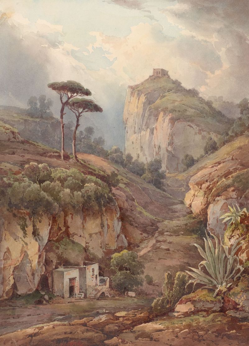 Approach from the Land to the Casa de’Spiriti by Giacinto Gigante, oil on canvas depicting cliffs and a vibrant sky.