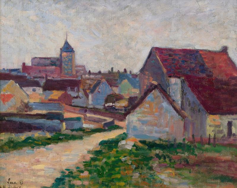 Paisagem de Le Village De Conche-Sur-Condoires, óleo sobre tela de Maximilien Luce