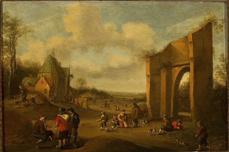 Paisagem rural com camponeses, óleo sobre painel de Joost Cornelisz Droochsloot
