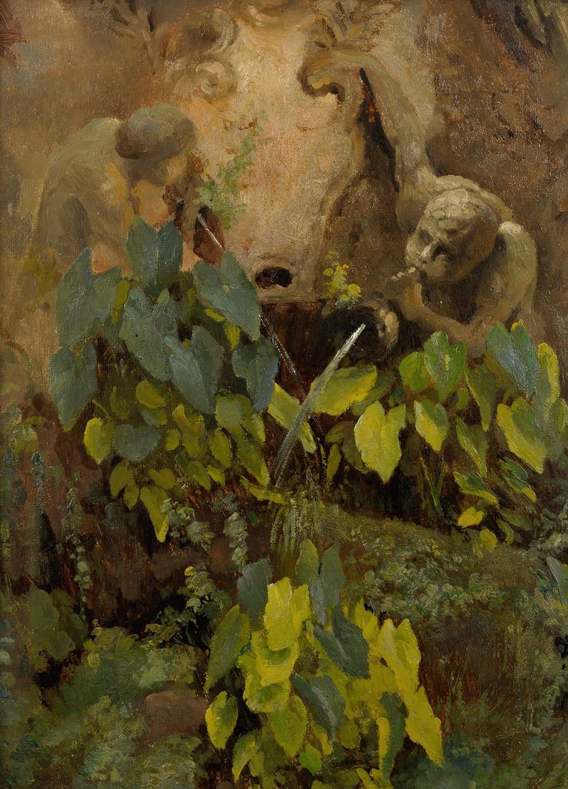 Well with Fauns by Julie Wilhelmine Hagen-Schwarz, oil painting depicting fauns and a well in nature.