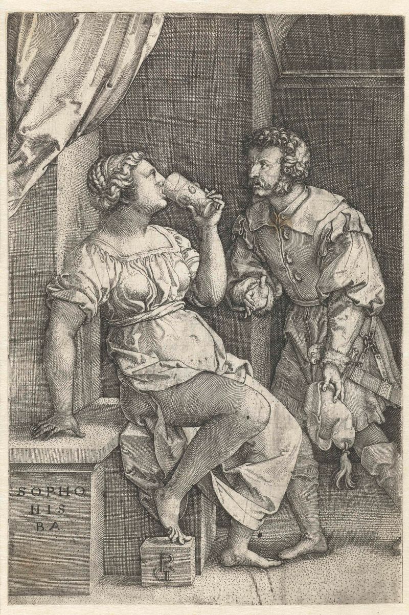 Grabado de Georg Pencz que representa a Sofonisba sosteniendo veneno