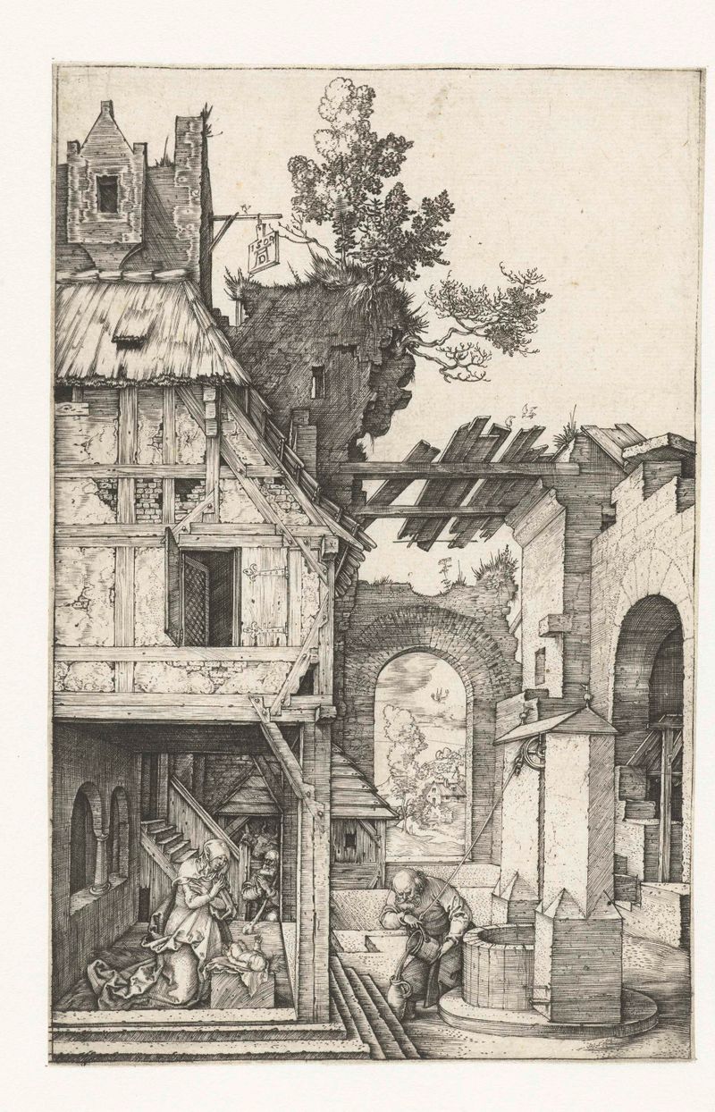 Escena de natividad con el recién nacido en un pesebre, grabado de Albrecht Dürer
