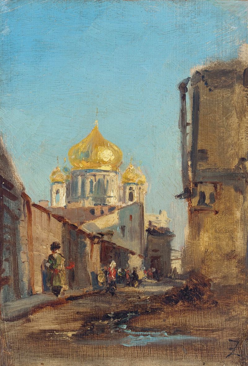 Pintura a óleo de paisagem de Félix Ziem representando uma fortaleza e um rio em Tobolsk, Sibérie