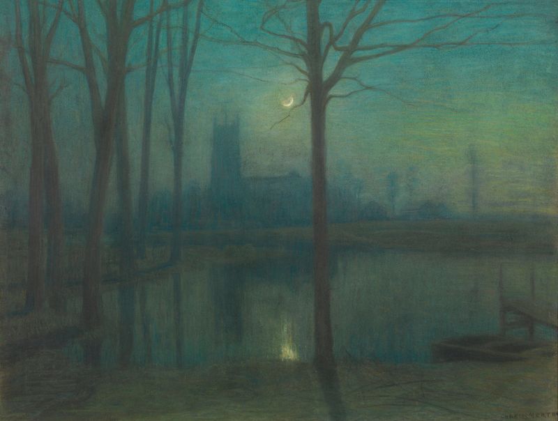 Evening in Royston by Charles Mertens, oil painting depicting a golden landscape and shimmering water.