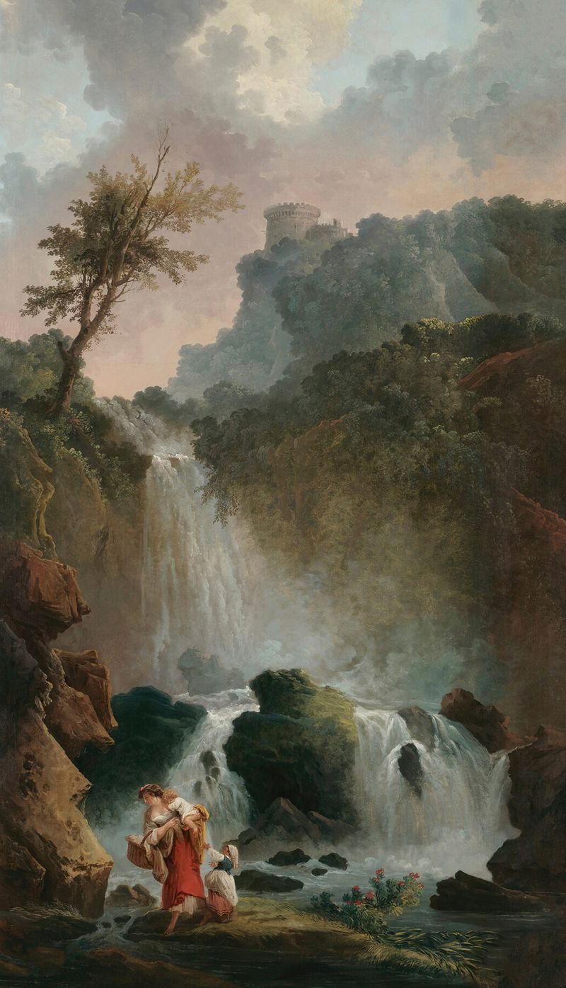 La Cascade de Hubert Robert, pintura a óleo que retrata uma cachoeira e uma floresta sob a luz do sol