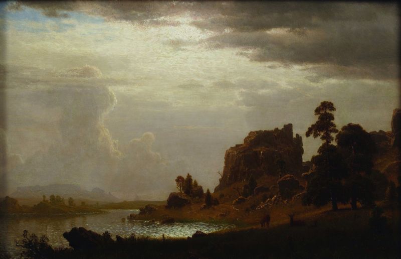 Paisaje con un río y montañas de Albert Bierstadt, pintura al óleo