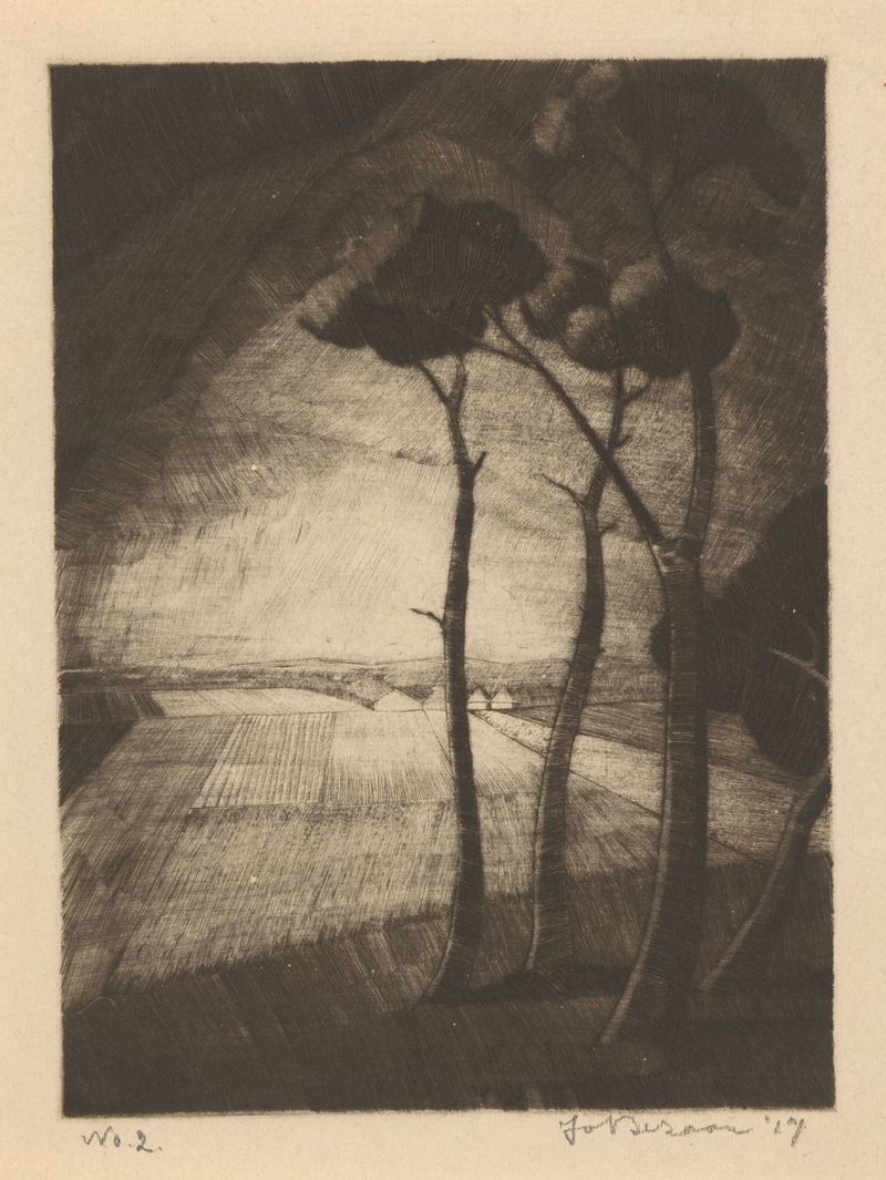 Expressionism landscape with three trees by Jo Bezaan, 1927