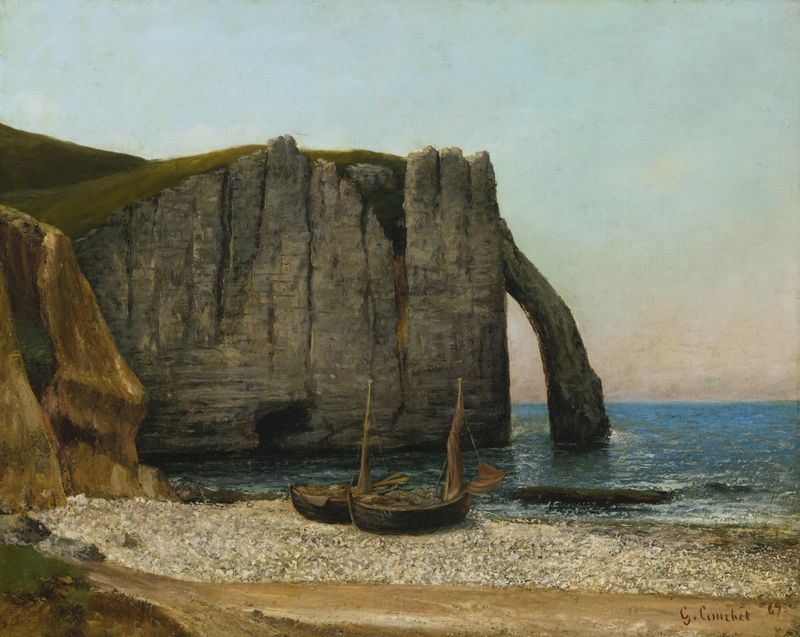 Falaises d’Étretat de Gustave Courbet, óleo sobre lienzo que representa acantilados y mar