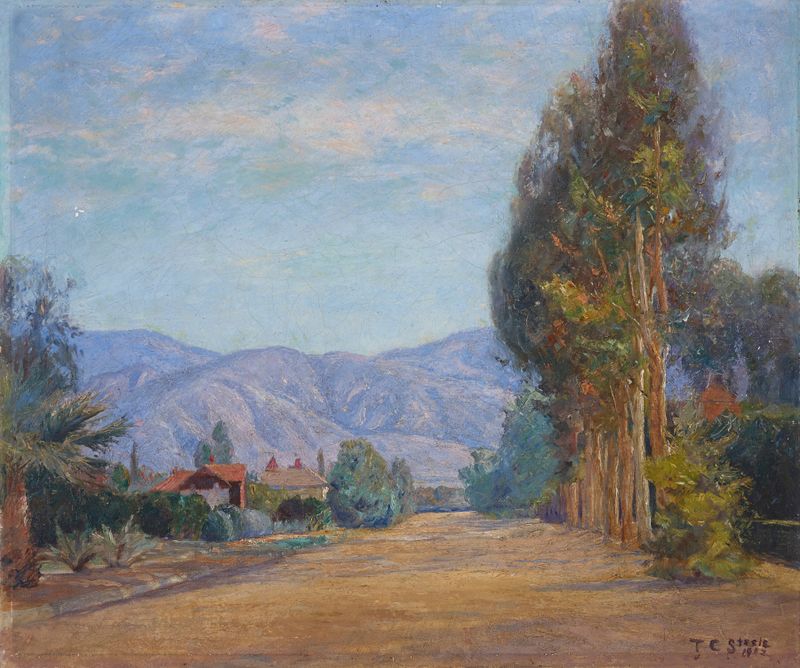 Hills Near Redlands, California by Theodore Clement Steele, oil painting depicting gentle hills in warm golden light.