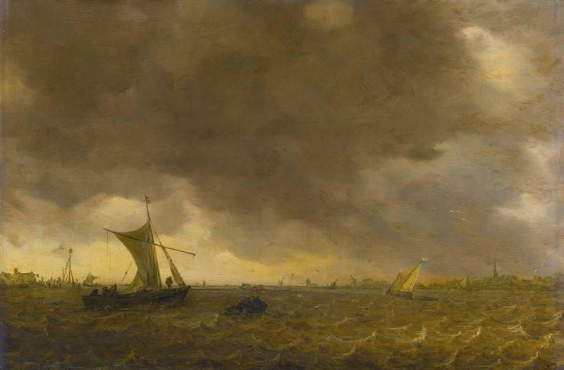 Uma cena de estuário com céu tempestuoso, óleo sobre tela de Jan van Goyen