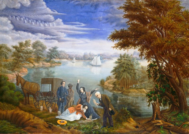 La Exhumación de Linton Park, realismo, representa a un labrador arrodillado en una tumba en tonos apagados.