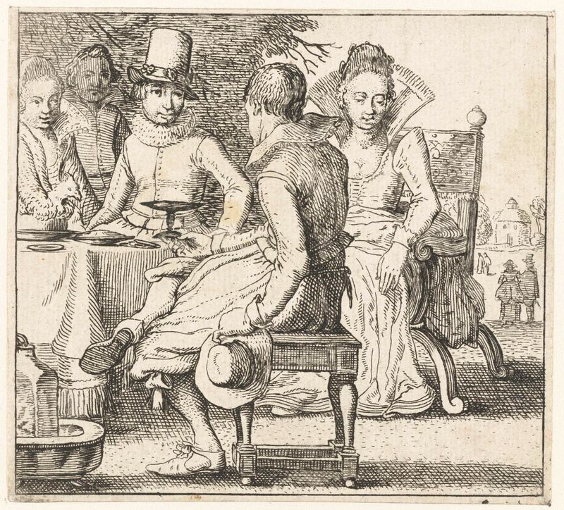 Cinco figuras reunidas em torno de uma mesa em um terraço, gravura de Unknown Artist