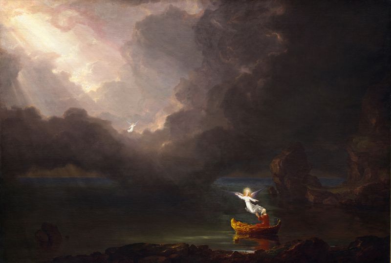 The Voyage of Life – Old Age by Thomas Cole, oil on canvas, depicts an elderly man in a boat on turbulent waters.
