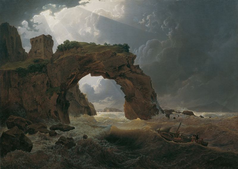 Oil painting by Joseph Rebell depicting turbulent sea and dramatic clouds.