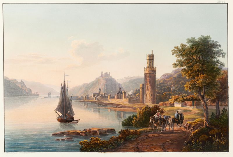 Vue d’Oberwesel, óleo sobre tela de Johann Ludwig Bleuler, com colinas e ruínas.