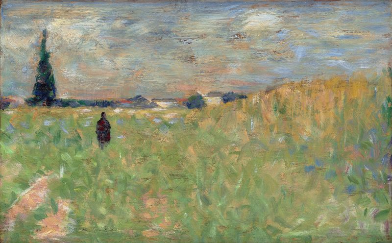 A Summer Landscape by Georges Seurat, oil painting depicting hills and dappled sunlight.