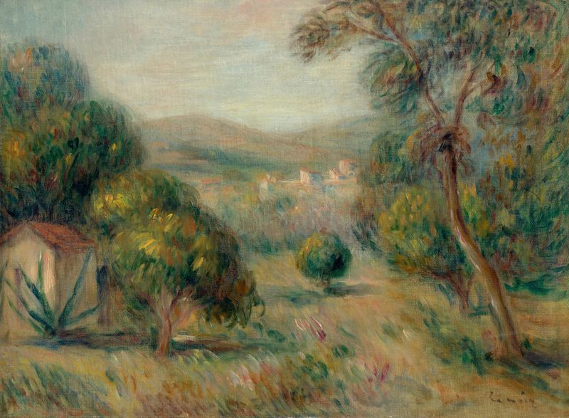 Paysage aux oliviers de Pierre-Auguste Renoir, óleo sobre lienzo que muestra olivos bajo un cielo radiante.