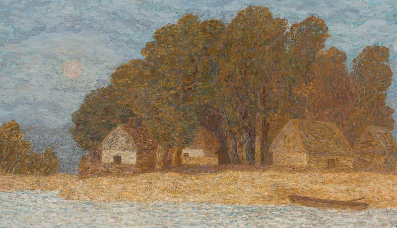 Impressionist landscape by Felicjan Szczęsny Kowarski, depicting rolling hills and a sunset.