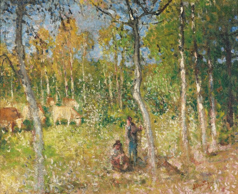 Paisaje con luz dorada y árboles, pintura al óleo de Pierre-Eugène Montézin