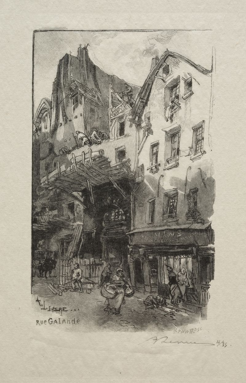 Rue Galande de Auguste Louis Lepère, Impresionismo, que representa un sereno vecindario empedrado.