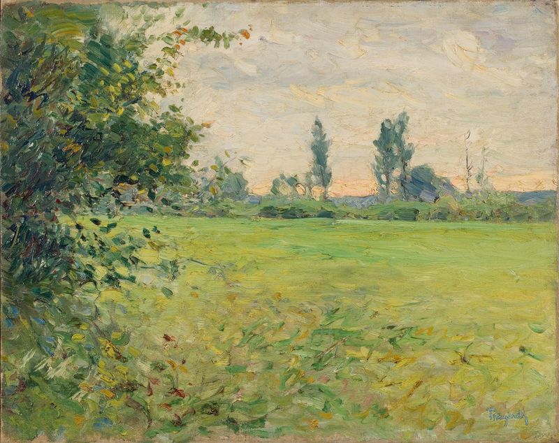 Paisagem de Carl Trägårdh, pintura a óleo com colinas e verdes suaves.