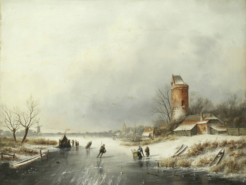 A winter landscape with figures on the ice by Jan Jacob Coenraad Spohler, medium unknown