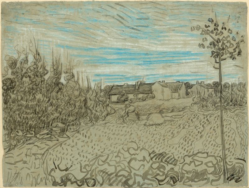 Cottages with a Woman Working in the Middle Ground, óleo sobre tela de Vincent van Gogh